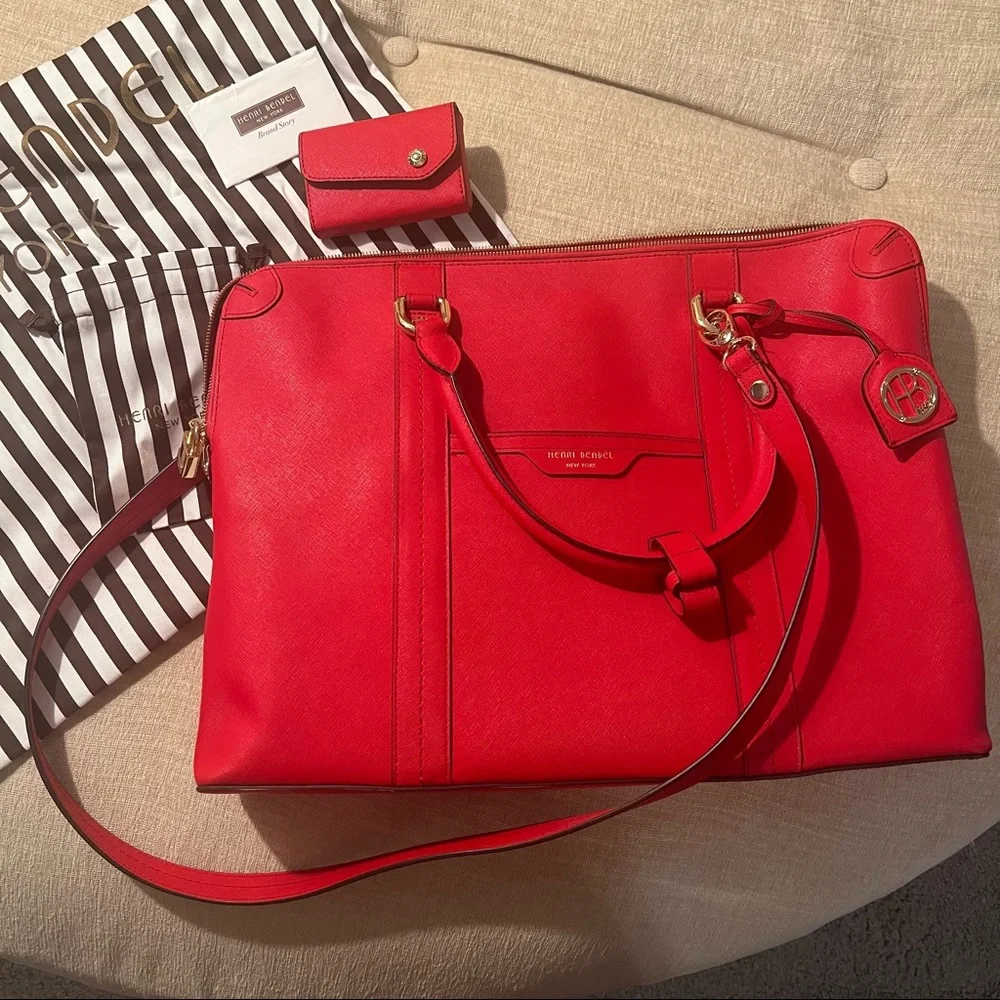 henri bendel Red Leather Laptop Tote with Matching Card Case - Picture 1 of 5